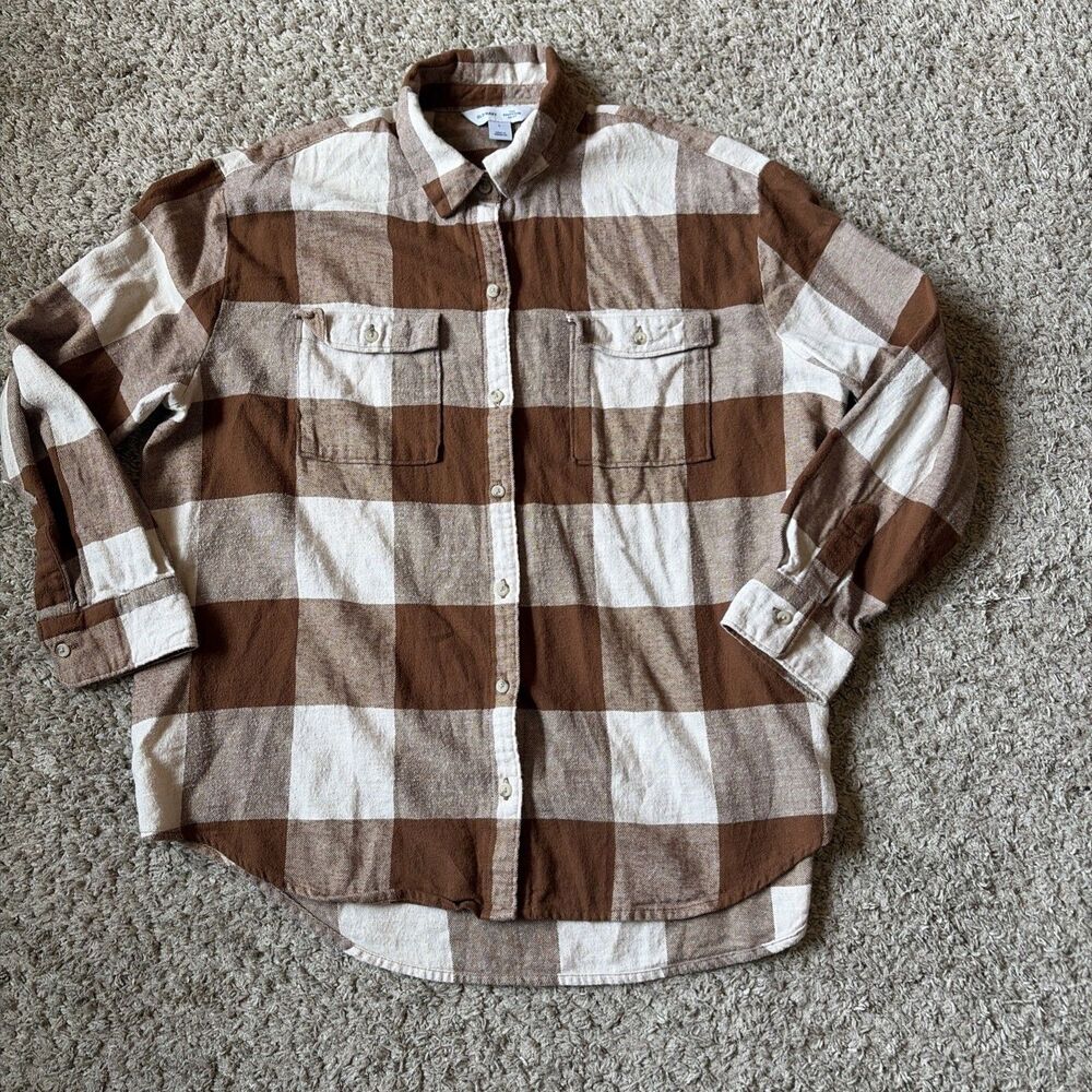 Old Navy Boyfriend Shirt Large Brown Cream Buffalo Plaid Button Down Flannel
